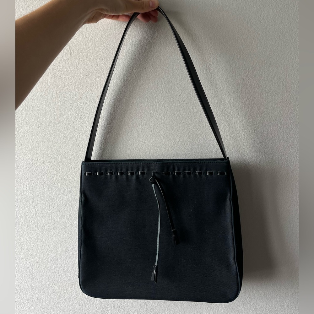 Ralph Lauren Black Cotton Baguette bag with leather trim detail and logo on side